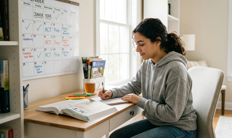 NJ high school junior studying for ACT with prep materials and calendar