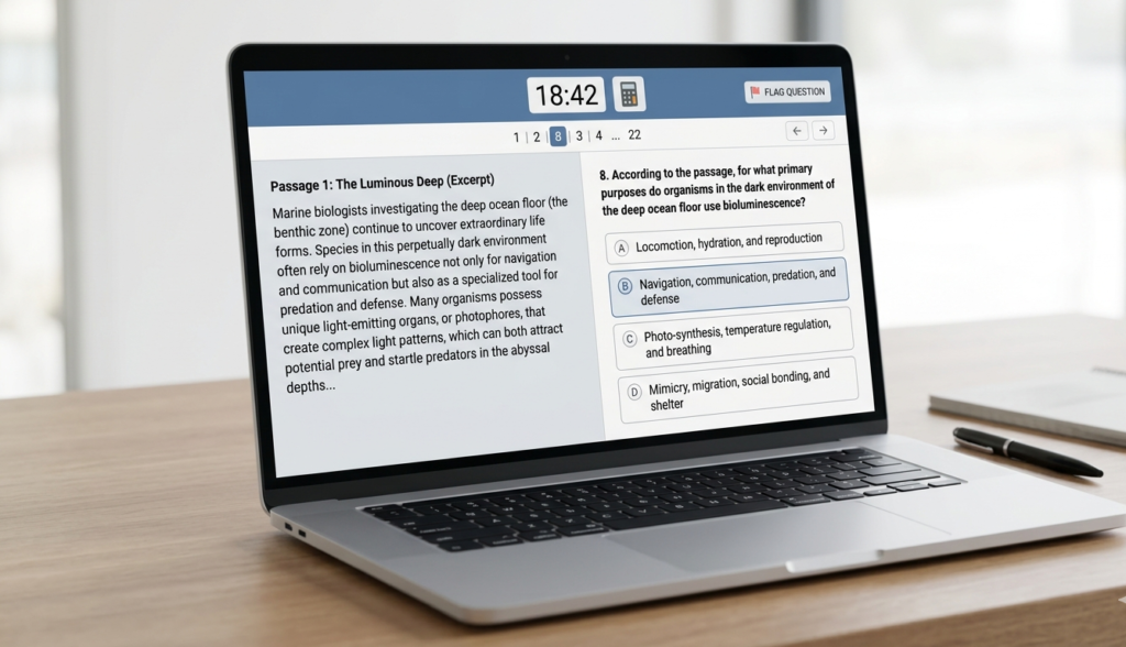 Digital SAT Bluebook app interface showing adaptive reading and writing question on laptop screen