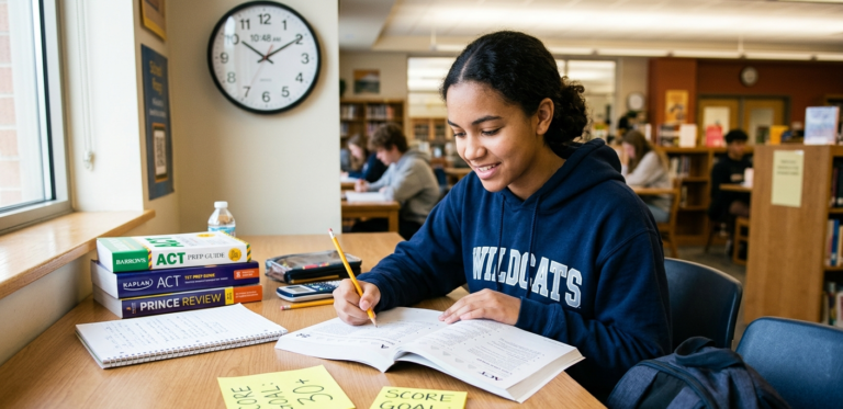 ACT English strategies 2026 — student preparing for a 30+ score with test booklet and timer