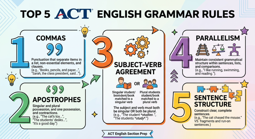  Infographic showing top 5 ACT English grammar rules students must know