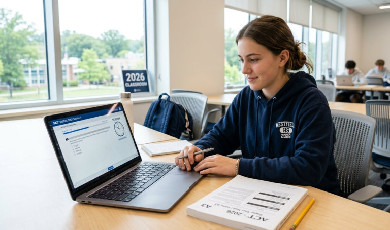 NJ high school student choosing between digital SAT on laptop and paper ACT test booklet in 2026