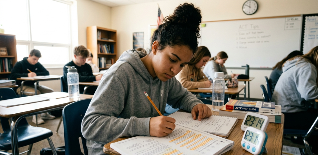  Student preparing for ACT English test with timer and highlighted passages on desk