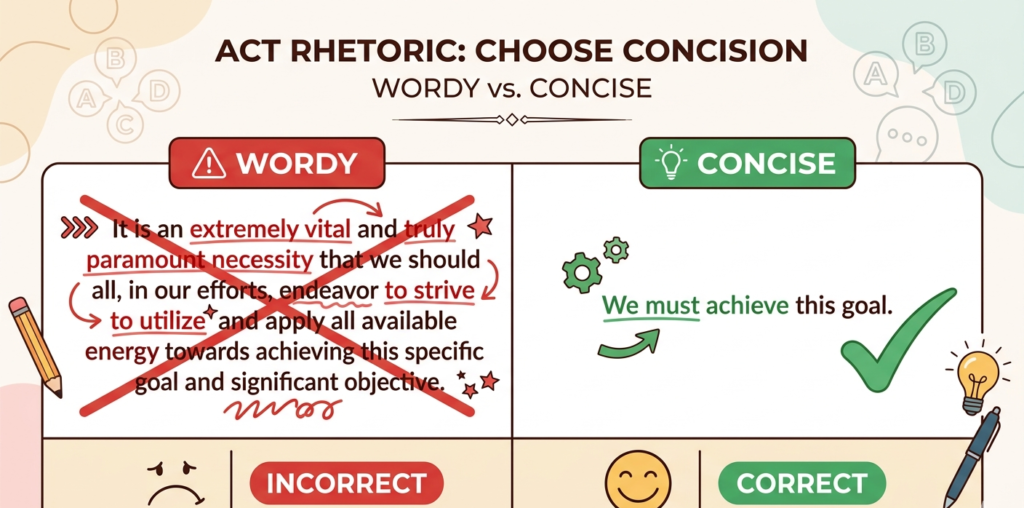  Illustration comparing wordy ACT rhetoric answer versus concise correct answer