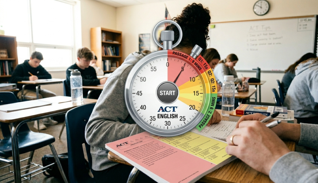 Alt Text: ACT English time management visual showing 9-minute passage rule and question timing