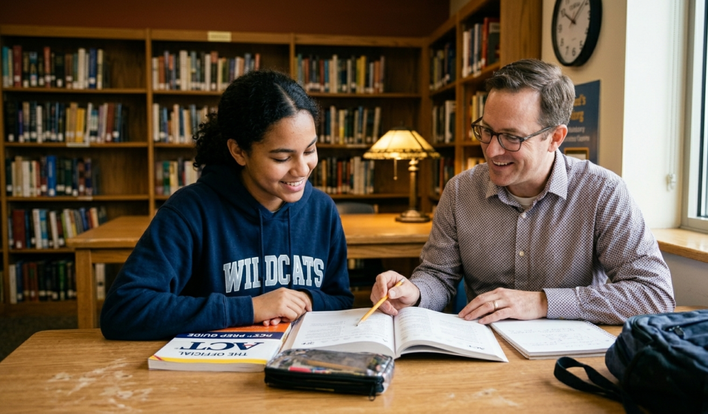 Alt Text: ACT English tutor working one-on-one with student reviewing grammar rules and passages