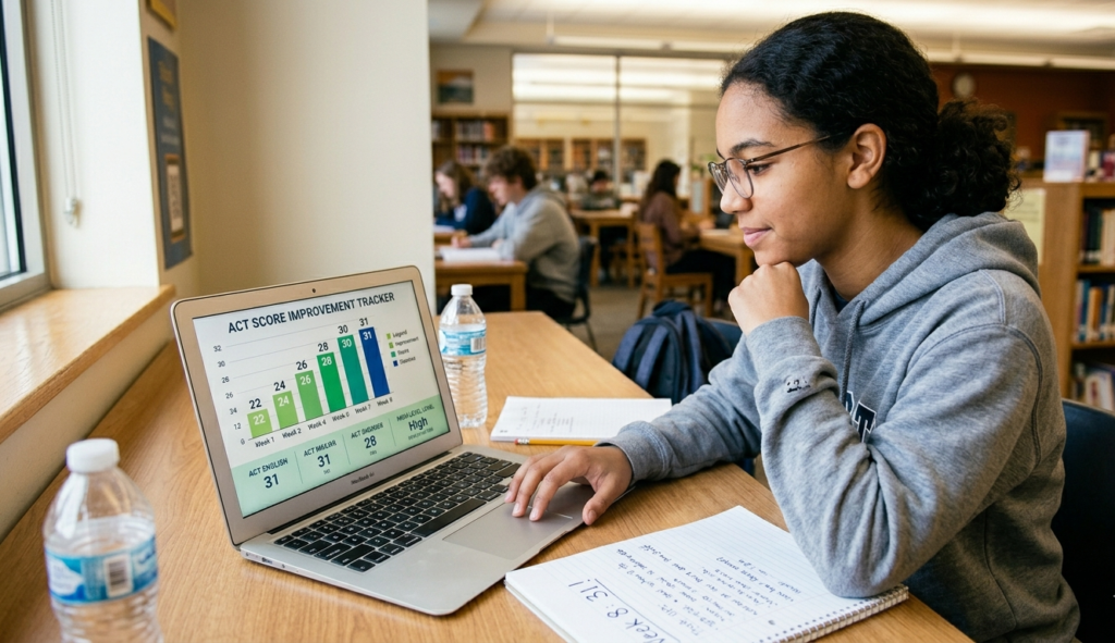 Alt Text: Student tracking ACT English score improvement from 22 to 31 on a practice score chart