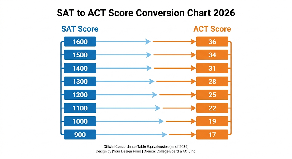 Digital SAT to ACT score conversion chart 2026 showing official concordance table equivalents from 900 to 1600