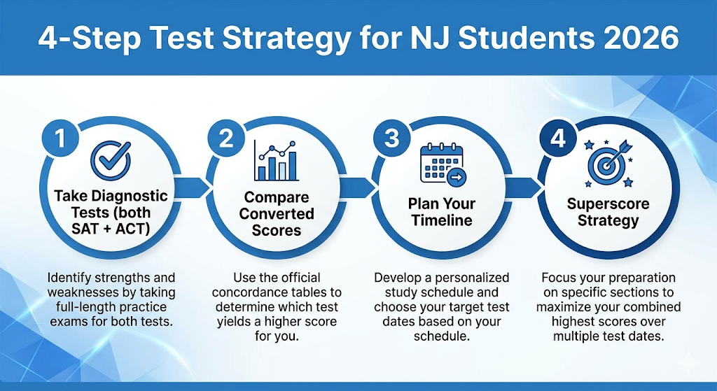 4-step test prep strategy for NJ students in 2026 showing how to choose between digital SAT and ACT