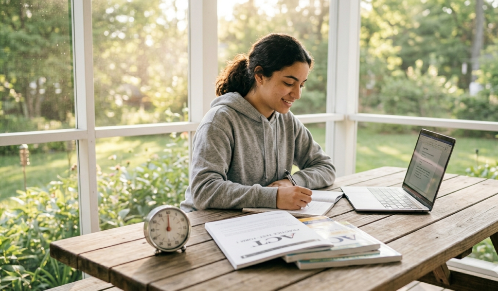 High school student doing ACT prep during summer before junior year