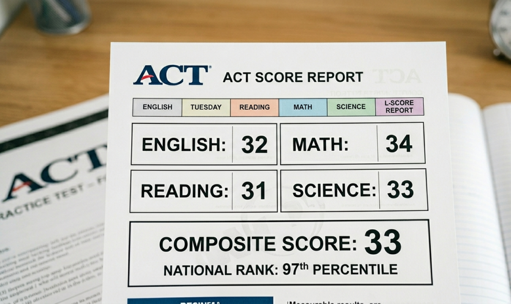 ACT score report showing section scores and composite score for college prep