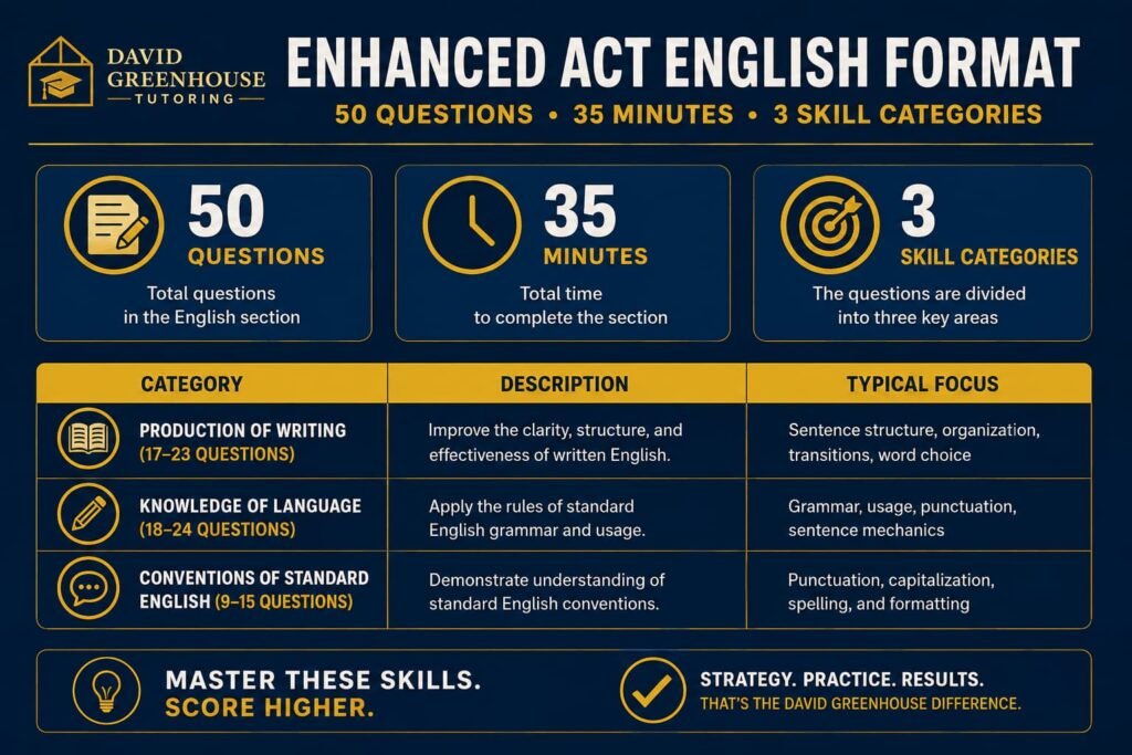 Enhanced ACT English format 50 questions in 35 minutes, three skill categories